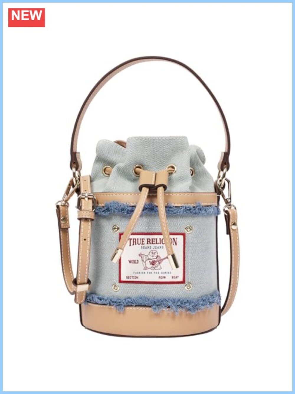 Denim Frayed Bucket Bag with Crossbody Strap Faux Leather